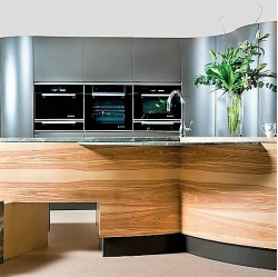 Virtuves mēbeles. Virtuves salas fasādes - olīvkoka finierējums.