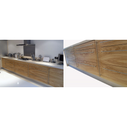 Virtuves mēbeles. Fasādes - olīvkoka finierējums.